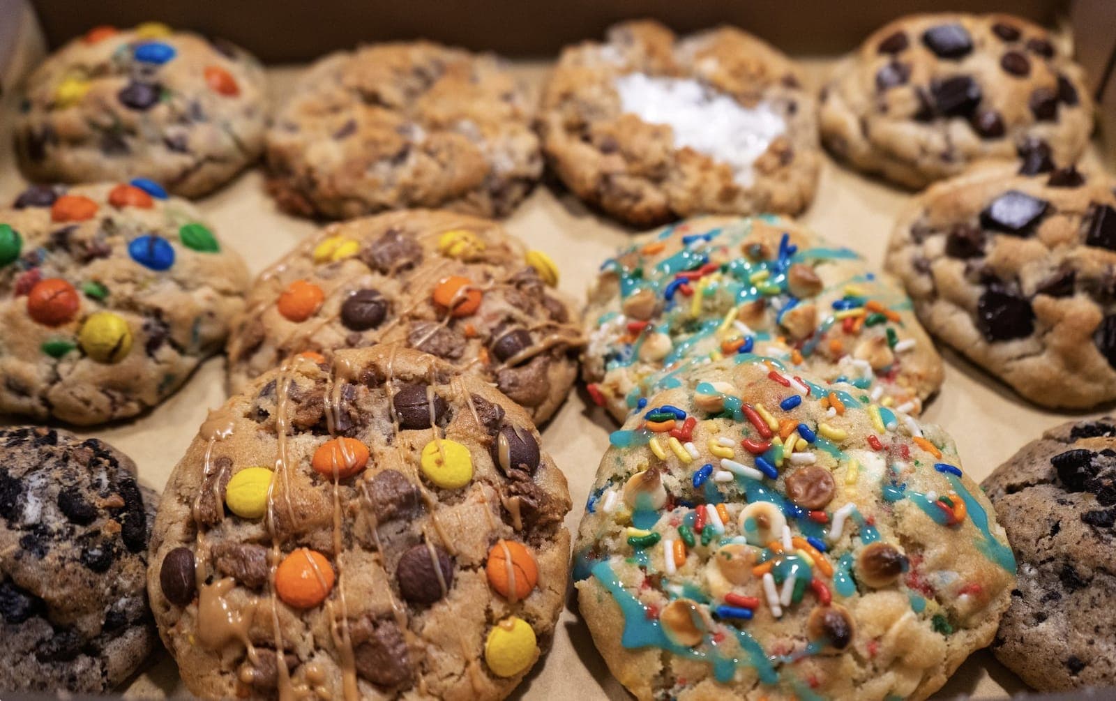 Box of large cookies: M&M, birthday cake, Oreo, chocolate chip and more